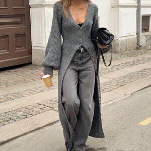 Dark Grey Casual Women's Deep V-Neck Long Cardigan